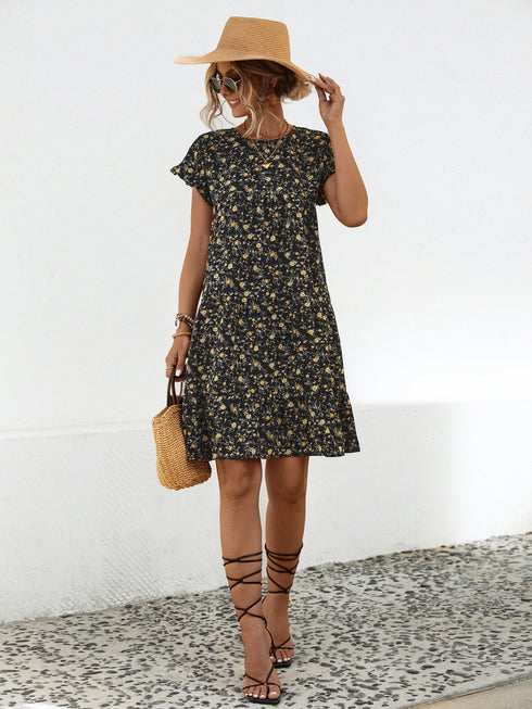 Frill Floral Round Neck Short Sleeve Tiered Dress - Odaingerous